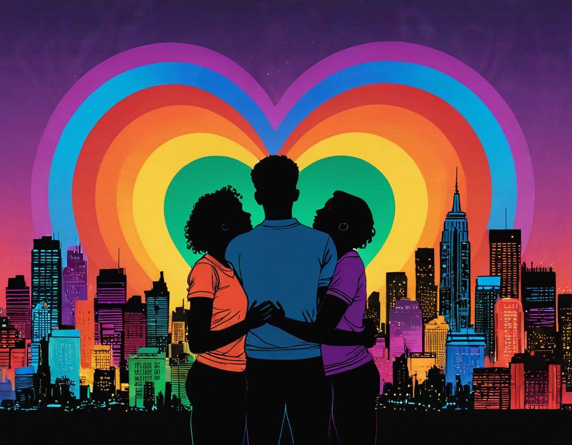 A vibrant rainbow heart embracing various indie film elements like vintage film reels and movie tickets, surrounded by diverse LGBTQ+ couple silhouettes sharing affectionate moments. The background features a colorful city skyline with neon lights representing inclusivity and love. super-realistic. vibrant colors. 3D.
