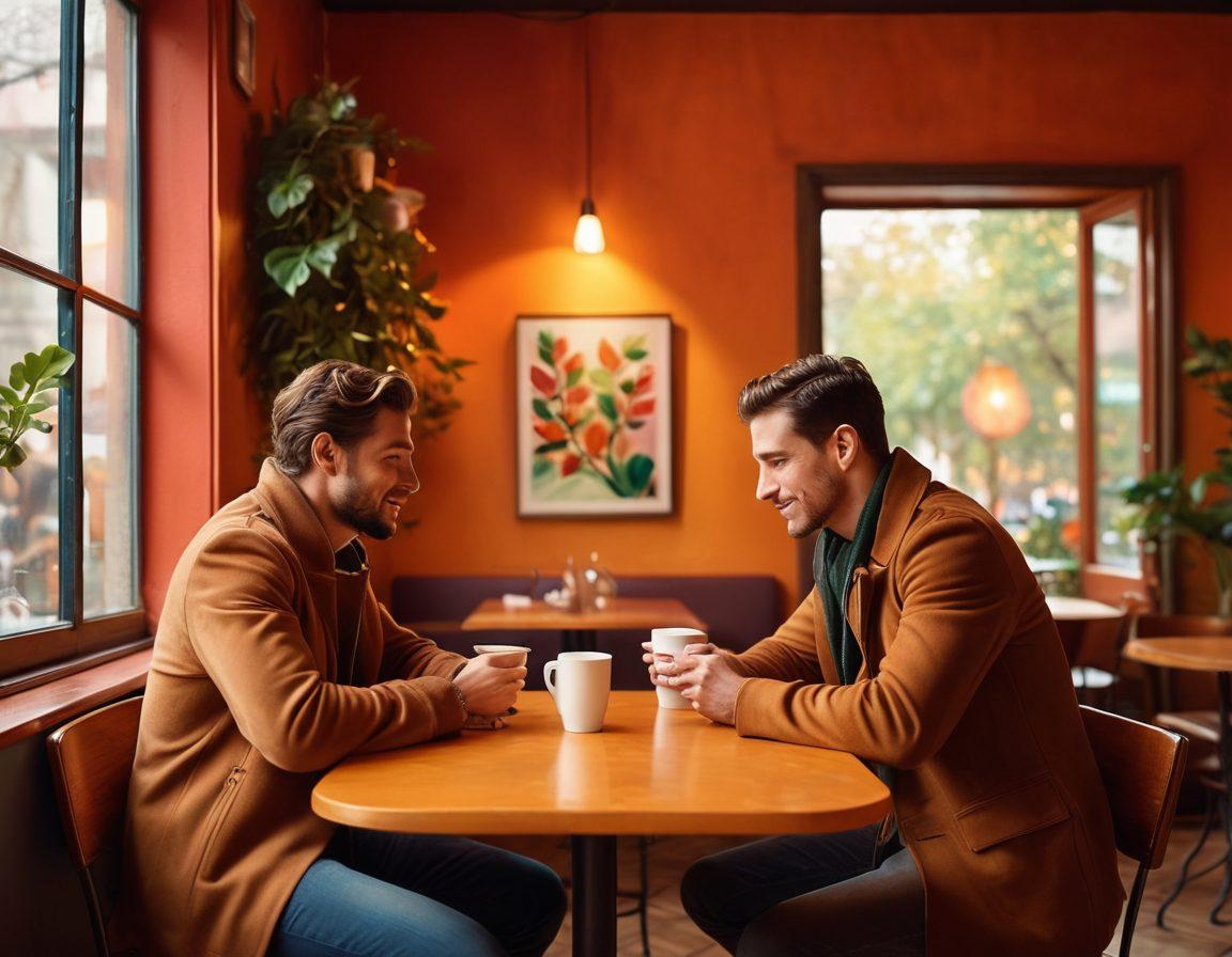 A warm, inviting scene showing two men in a cozy café, engaged in a deep conversation, with subtle symbols of intimacy like coffee cups and soft lighting. The background features vibrant colors to symbolize love and connection, while elements of health, like a leaf or heart, are subtly integrated into the decor. This setting captures the essence of navigating love and health together. super-realistic. vibrant colors. soft focus.