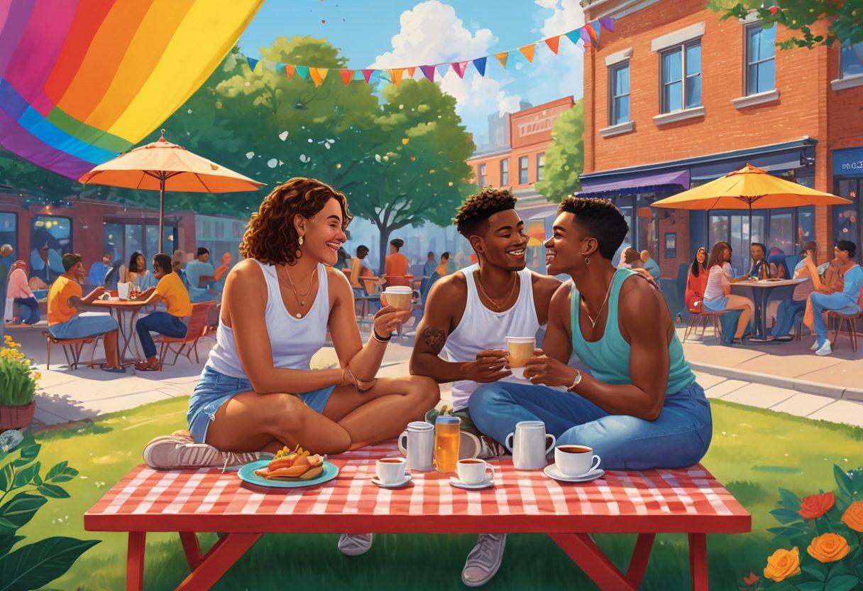A colorful and inclusive illustration showcasing diverse LGBTQ+ couples engaging in various dating scenarios: a picnic in the park, a cozy coffee shop date, and a night out at a vibrant LGBTQ+ nightclub. Emphasize warmth, love, and connection in their expressions, surrounded by symbols of pride, hearts, and subtle rainbow accents. The background features a welcoming urban landscape with rainbow flags fluttering. super-realistic. vibrant colors. warm tones.